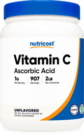 Nutricost ascorbic acid powder bottle with label, a gluten-free vitamin C option for daily routines.