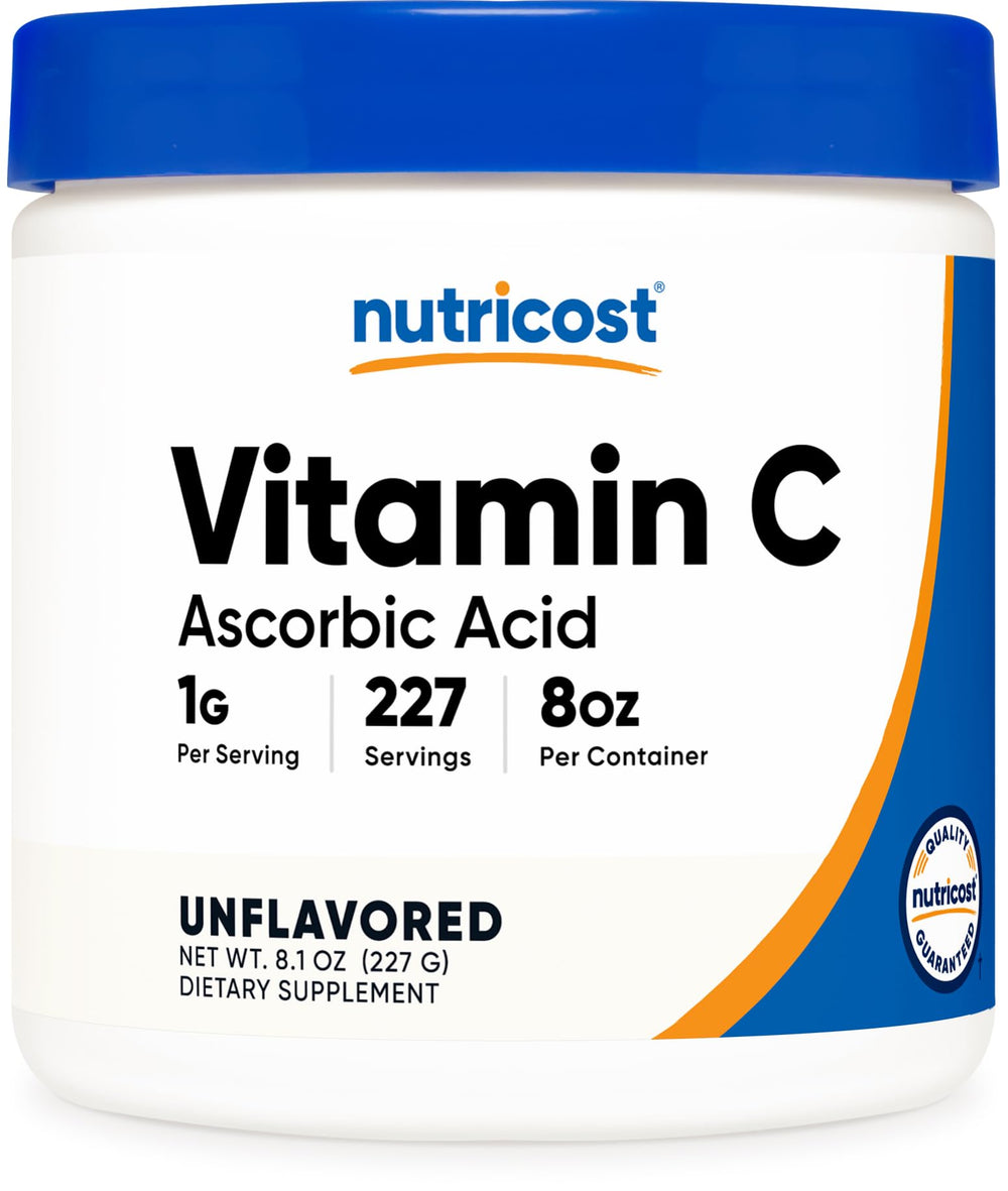 Nutricost Ascorbic Acid Powder bottle, pure vitamin C for daily wellness.