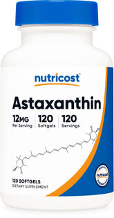 Nutricost Astaxanthin 12mg bottle shown as a four-month supply for daily use.