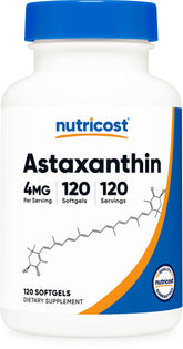 Nutricost Astaxanthin 4mg bottle emphasizing daily use and serving count