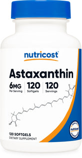 Nutricost Astaxanthin 6mg bottle with softgels for daily use.
