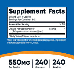 Nutricost Astragalus label closeup displaying 550mg per capsule and vegetarian ingredients.