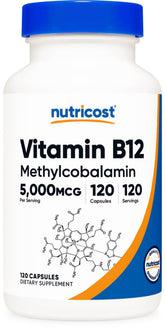 Nutricost B12 5000mcg bottle—vegetarian capsules for a gluten-free supplement routine.