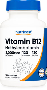 Nutricost B12 methylcobalamin bottle, 120 capsules, supports a steady daily supplement routine.