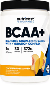 Nutricost BCAA + Hydration Peach Mango bottle closeup for workout hydration