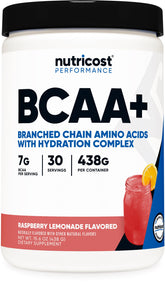 Nutricost BCAA + Hydration Raspberry Lemonade bottle ready for gym workouts and recovery.
