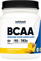 Nutricost BCAA Pineapple powder bottle for post-workout shakes with refreshing flavor