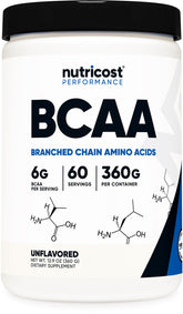 Nutricost BCAA powder bottle shows 2:1:1 ratio for post-workout recovery.