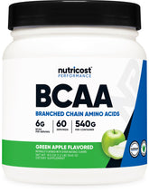 Nutricost BCAA powder bottle in green apple flavor for workouts.