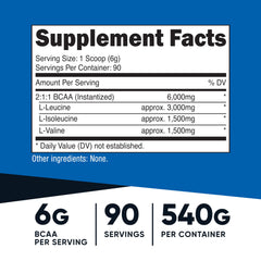Nutricost BCAA Powder bottle with scoop ready for pre- or post-workout use