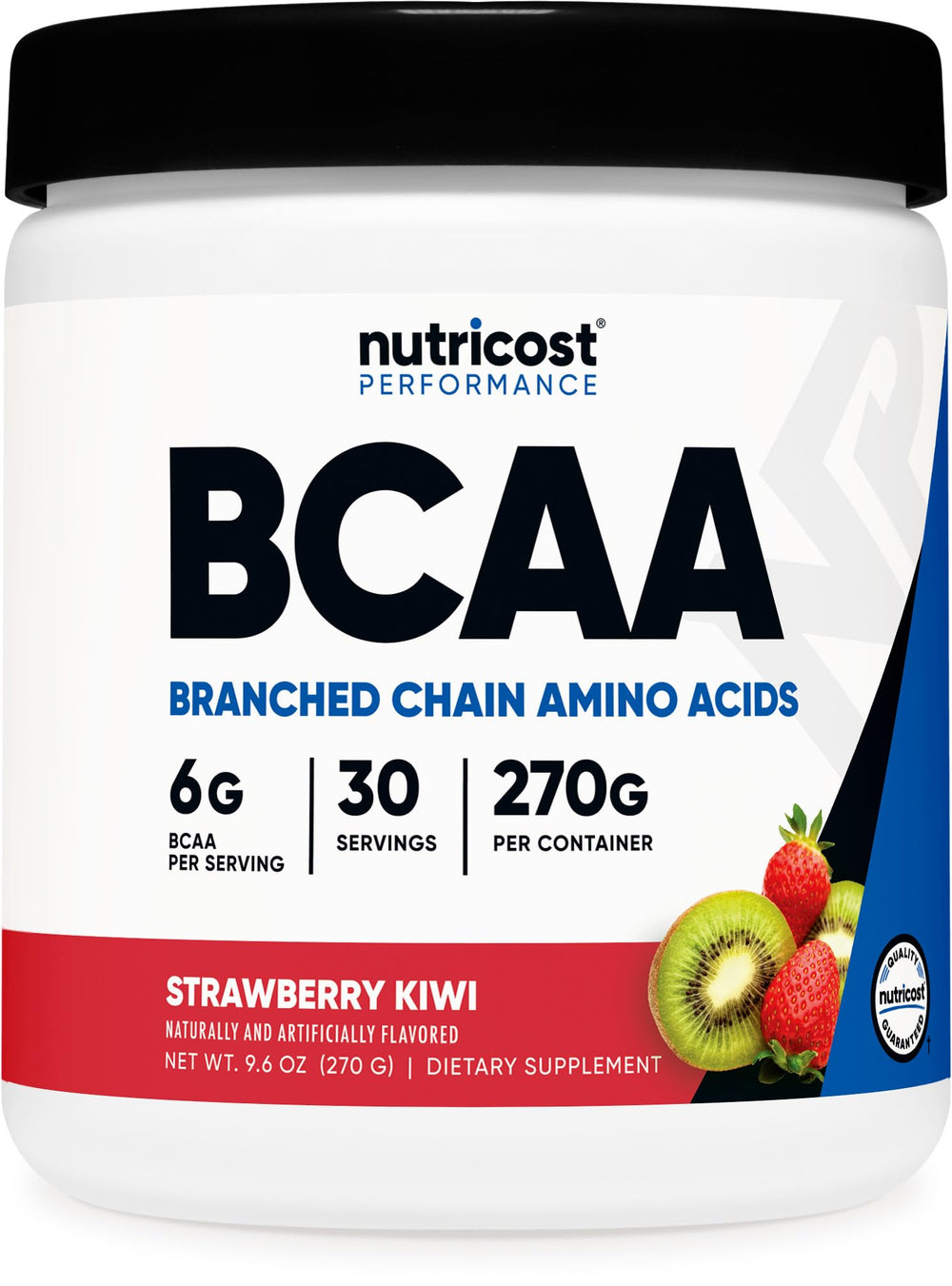 Nutricost BCAA Powder bottle Strawberry Kiwi for workouts and endurance.