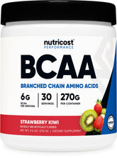 Nutricost BCAA Powder bottle Strawberry Kiwi for workouts and endurance.
