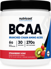 Nutricost BCAA Powder bottle Strawberry Kiwi for workouts and endurance.