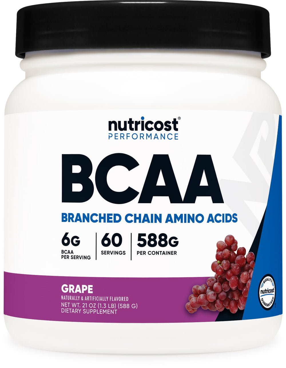 Nutricost BCAA grape powder bottle front for easy daily workout fueling