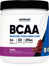 Nutricost BCAA Powder grape bottle shows 30-serving workout supply