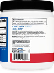 Nutricost BCAA Powder label close-up showing Non-GMO and testing.