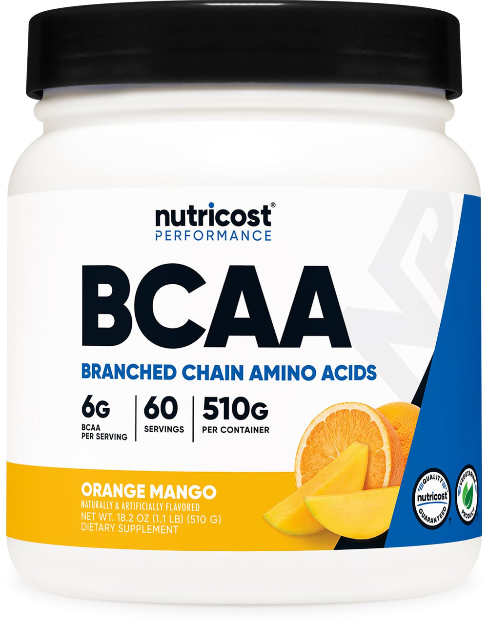 Nutricost BCAA Powder Orange Mango container, ideal for workouts.