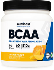 Nutricost BCAA Powder Orange Mango container, ideal for workouts.