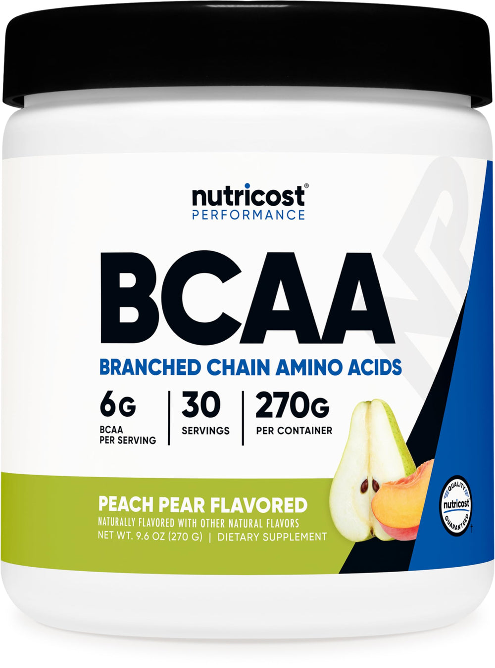 Nutricost BCAA Powder Peach Pear bottle, 30 servings, ideal for workouts.