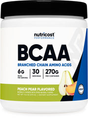 Nutricost BCAA Powder Peach Pear bottle, 30 servings, ideal for workouts.