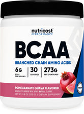 Nutricost BCAA Powder bottle in Pomegranate Guava flavor for workouts.