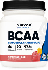 Nutricost BCAA Powder Raspberry Lemonade bottle for convenient post-workout amino support.