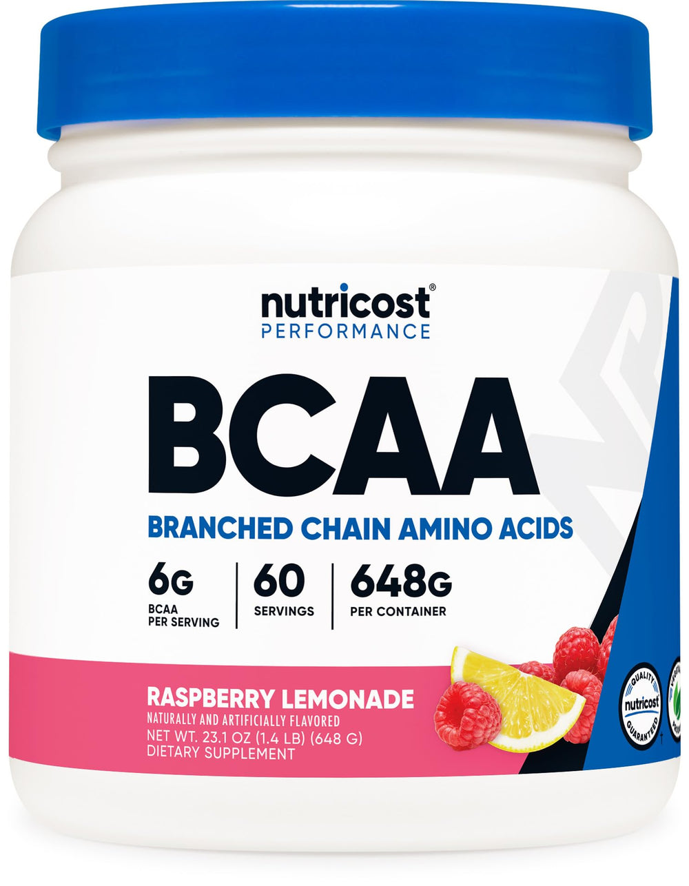 Nutricost BCAA Powder Raspberry Lemonade bottle for on-the-go fueling.