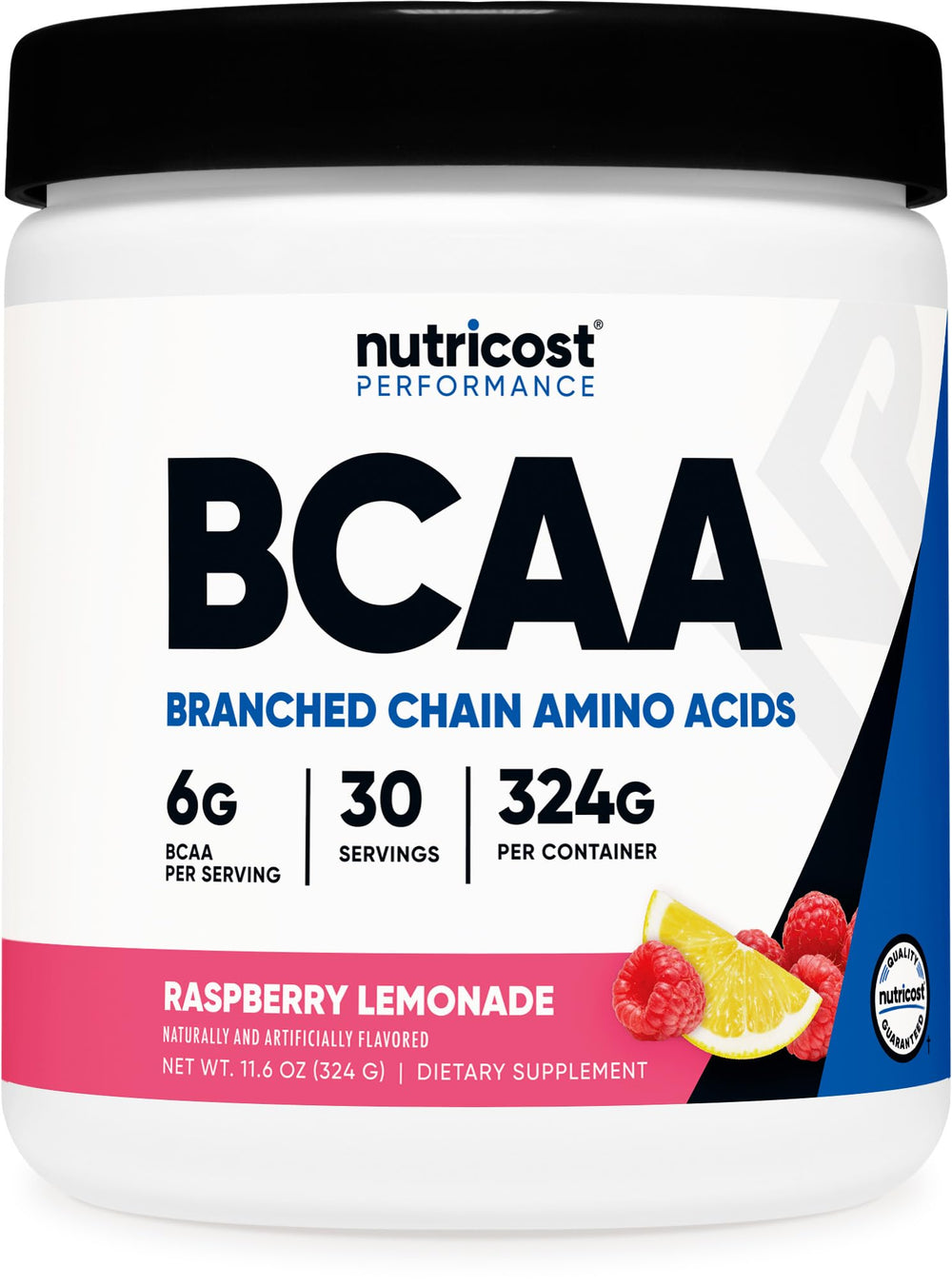 Nutricost BCAA Powder Raspberry Lemonade tub shown for versatile amino acid support.