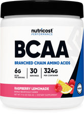 Nutricost BCAA Powder Raspberry Lemonade tub shown for versatile amino acid support.
