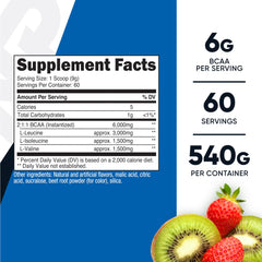 Nutricost BCAA Powder Strawberry Kiwi label highlighting 2:1:1 ratio for workouts