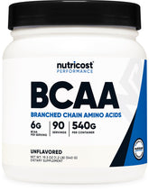 Nutricost BCAA Powder unflavored bottle close-up showing label and 90 servings