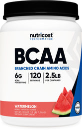 Nutricost BCAA Powder Watermelon bottle closeup highlights flavor and quality.