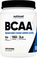 Nutricost BCAA powder unflavored bottle front highlighting a zero-calorie amino source