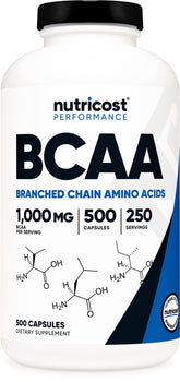 Nutricost BCAA 1000mg bottle front for quick workout recognition