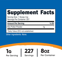 Nutricost Bee Pollen Powder ingredients panel highlights vitamins and minerals for balanced nutrition.