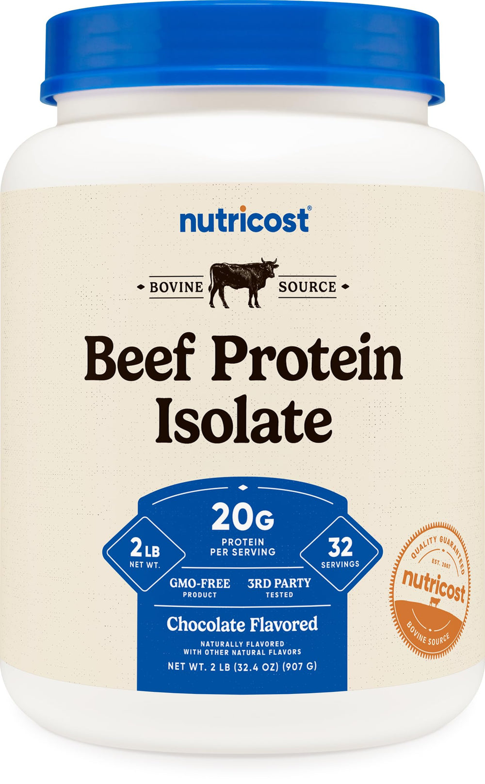 Nutricost beef protein isolate powder chocolate bottle highlights gluten free protein for workouts