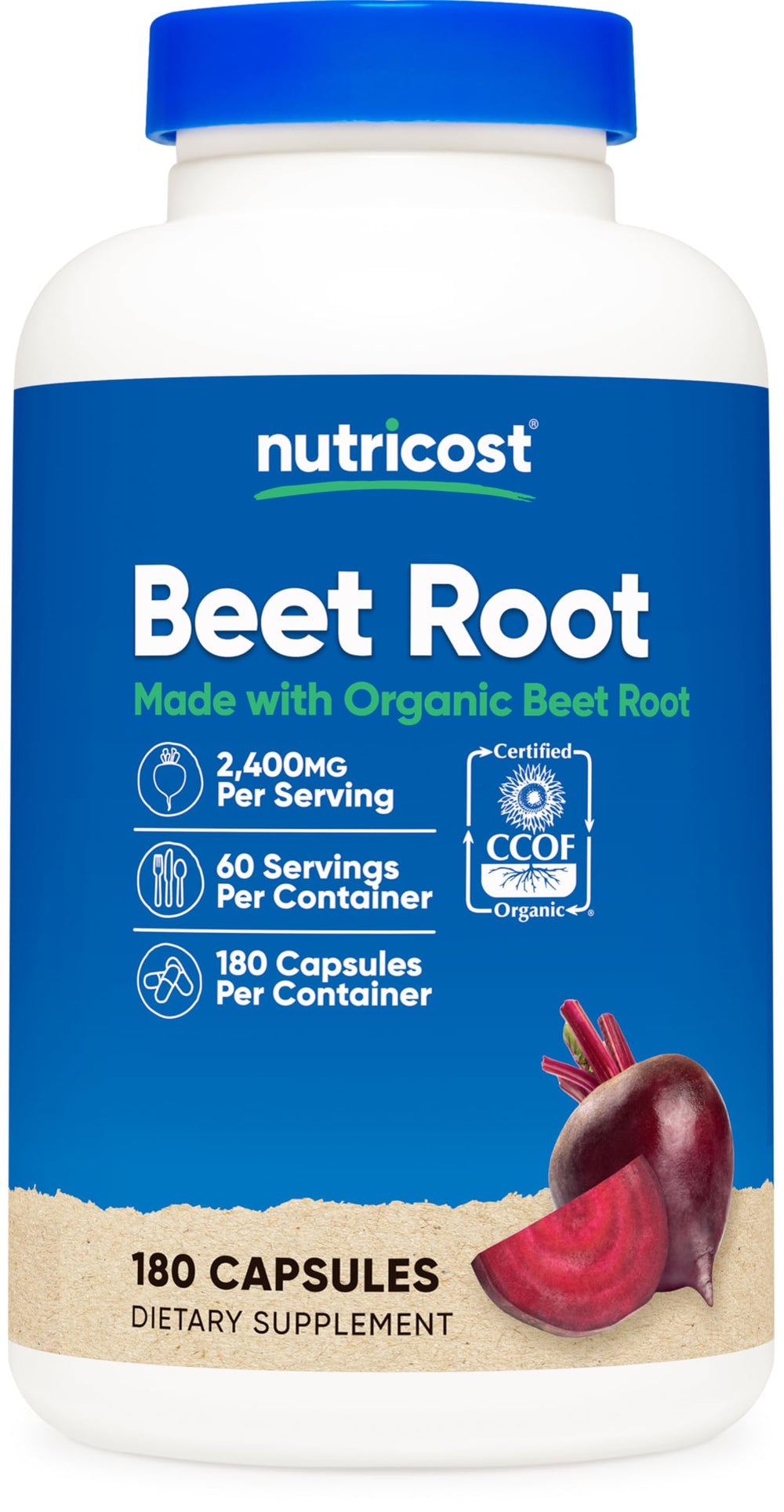 Nutricost Beet Root 2400mg bottle with organic label for daily wellness