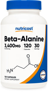 Nutricost Beta-Alanine capsules bottle front showing potency for workouts