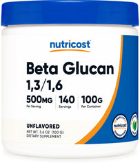 Nutricost Beta Glucan Powder jar labeled 100 g for daily use.