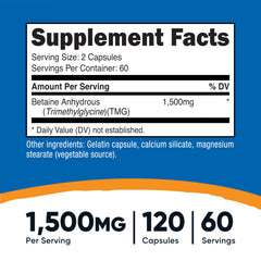 Nutricost Betaine Anhydrous bottle back shows dosage and third-party testing details.