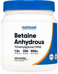Nutricost Betaine Anhydrous bottle front for daily supplement use.