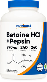 Nutricost Betaine HCl + Pepsin bottle with 240 vegetarian capsules