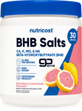 Nutricost BHB Salts Drink Mix bottle shows the Strawberry Lemonade flavor for daily refreshment