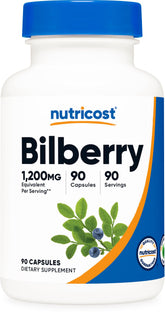 Nutricost Bilberry bottle pour displaying easy-to-swallow vegetarian capsules.