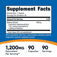 Nutricost Bilberry capsules close-up highlighting high potency 1200mg equivalent.