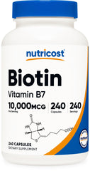 Nutricost Biotin 10000mcg bottle for daily hair and nail support.