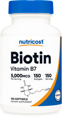 Nutricost Biotin 5000mcg bottle front view for easy daily hair and nail support.