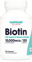 Nutricost Biotin for Women bottle showing 10,000 mcg potency for daily wellness
