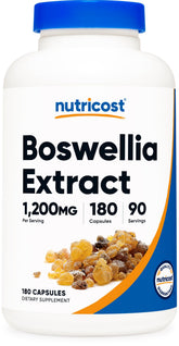 Nutricost Boswellia extract bottle showing 1,200 mg per serving for daily use.