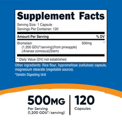 Nutricost Bromelain 500mg capsules closeup highlights vegetarian capsules for easy daily use.